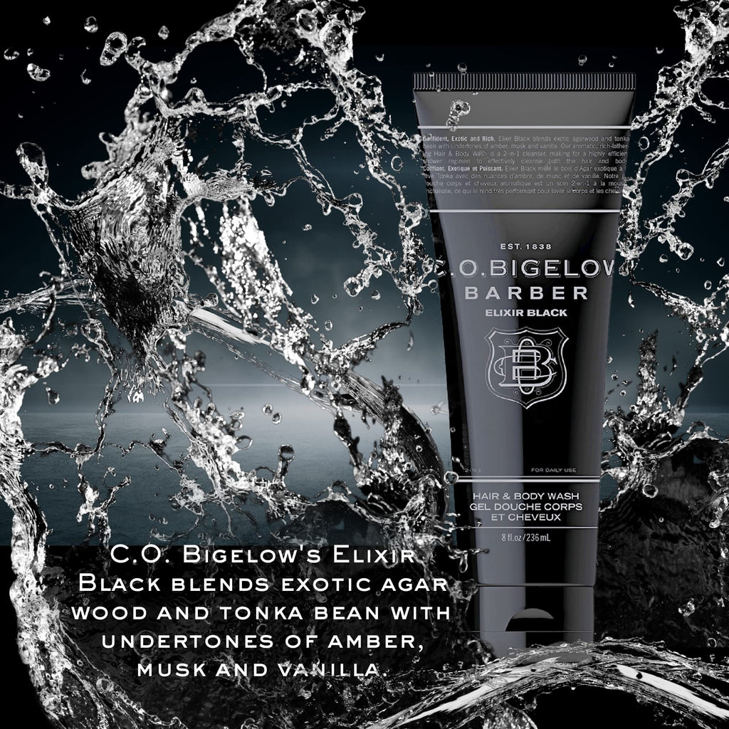 C.O. Bigelow Elixir Black Hair & Body Wash for Men, Musk & Vanilla Scented Men's 2 in 1 Shampoo & Body Wash, 8 Fl Oz