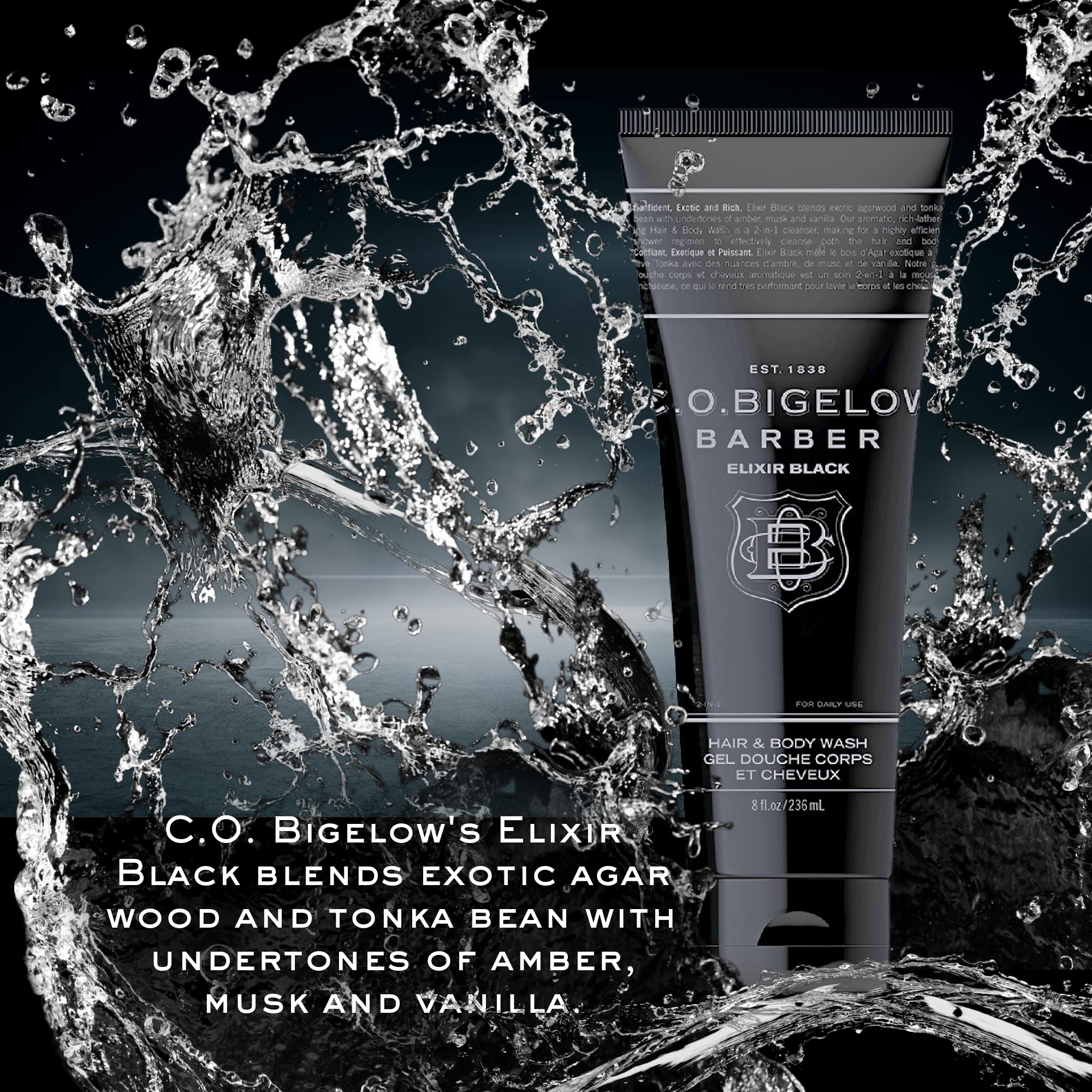 C.O. Bigelow Elixir Black Hair & Body Wash for Men, Musk & Vanilla Scented Men's 2 in 1 Shampoo & Body Wash, 8 Fl Oz