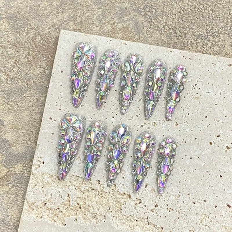 NLSJMP 3D Handmade Long Stiletto Press on Nails Almond Acrylic Fake Nails Kit,Reusable False nails,Rhinestone Luxury glitter Design Nail Art Kit,Include Toolkit,10Pcs,Size M,#986