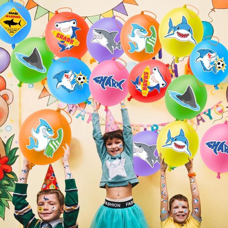 72 PCS Shark Party Favors – 48 Pre-Cut Temporary Tattoos & 24 Shark Punch Balloons Themed Birthday Party Decorations Supplies Favors Gifts Goodie Bag Fillers Classroom Rewards for Boys Girls