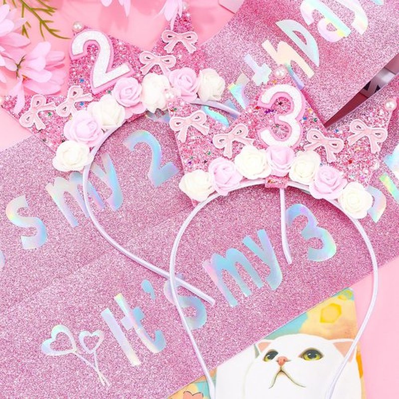 SuPoo 2nd Birthday Sash and Headband Flower 2nd Birthday Decorations for Girl Pink Bow Crown for Girls 2 Sash Princess Tiara Glitter Hair Band 2 Year Old Party Decorations Outfit Gift