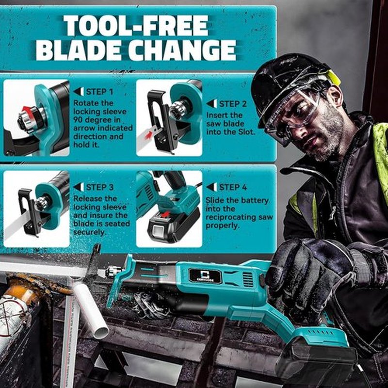 Cerycose Cordless Reciprocating Saw - Compatible with Makita 18V Battery | Variable Speed, 4 Blades for Metal, Wood, PVC