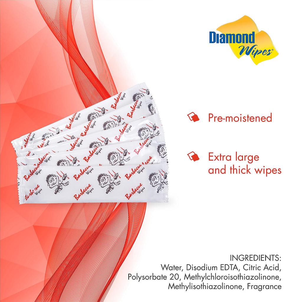 Diamond Wipes Pre-moistened Hand Wipes - “BBQ and Grill” Logo 10x8” Extra Thick Pack of 50 Individually Wrapped Wet Wipes For Cookouts, BBQs, Catering