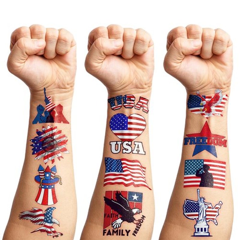 100PCS USA Patriotic Temporary Tattoos – American Flag 4th of July Party Decorations, Freedom Theme Supplies, Fun Favors & Stickers for Kids Adults, Birthday or Independence Day Prizes