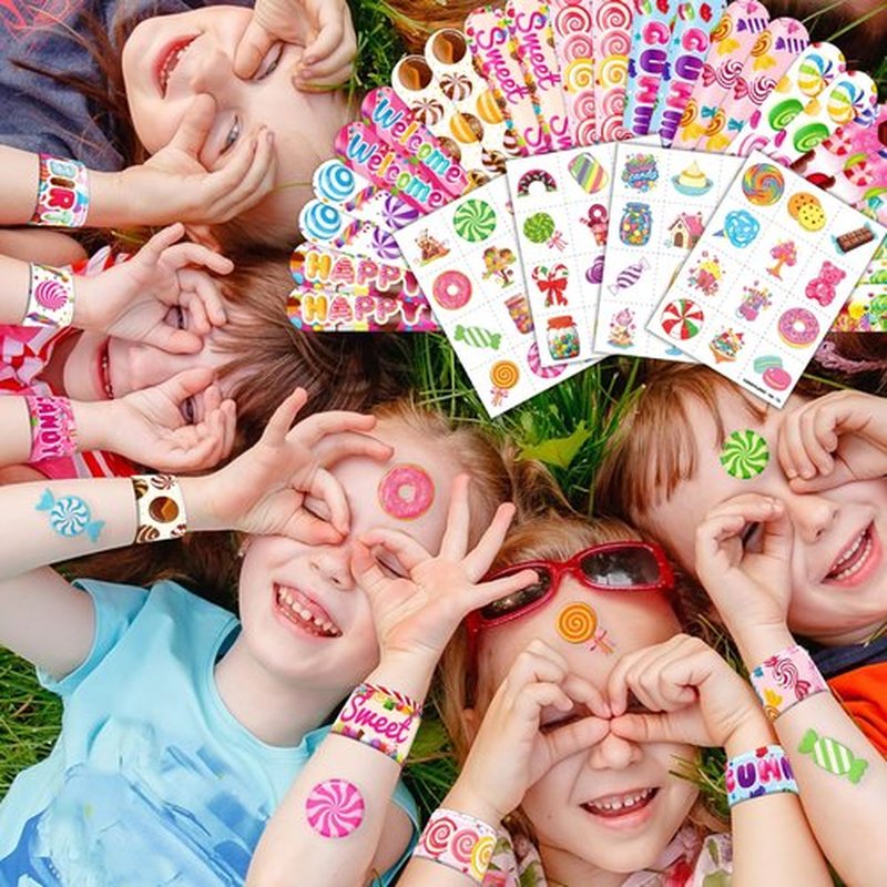 72PCS Candyland Party Set 48PCS Temporary Tattoos & 24PCS Slap Bracelets Fun Candy Themed Birthday Supplies, Baby Shower Gifts, Classroom Rewards & Party Decorations for Kids (Boys & Girls)