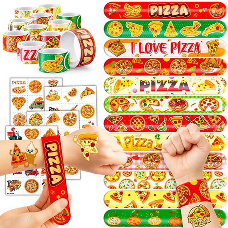 72PCS Pizza Party Set 48PCS Temporary Tattoos 24PCS Slap Bracelets Fun Food Themed Birthday Supplies, Baby Shower Gifts, Classroom Rewards & Party Decor for Kids Boys & Girls