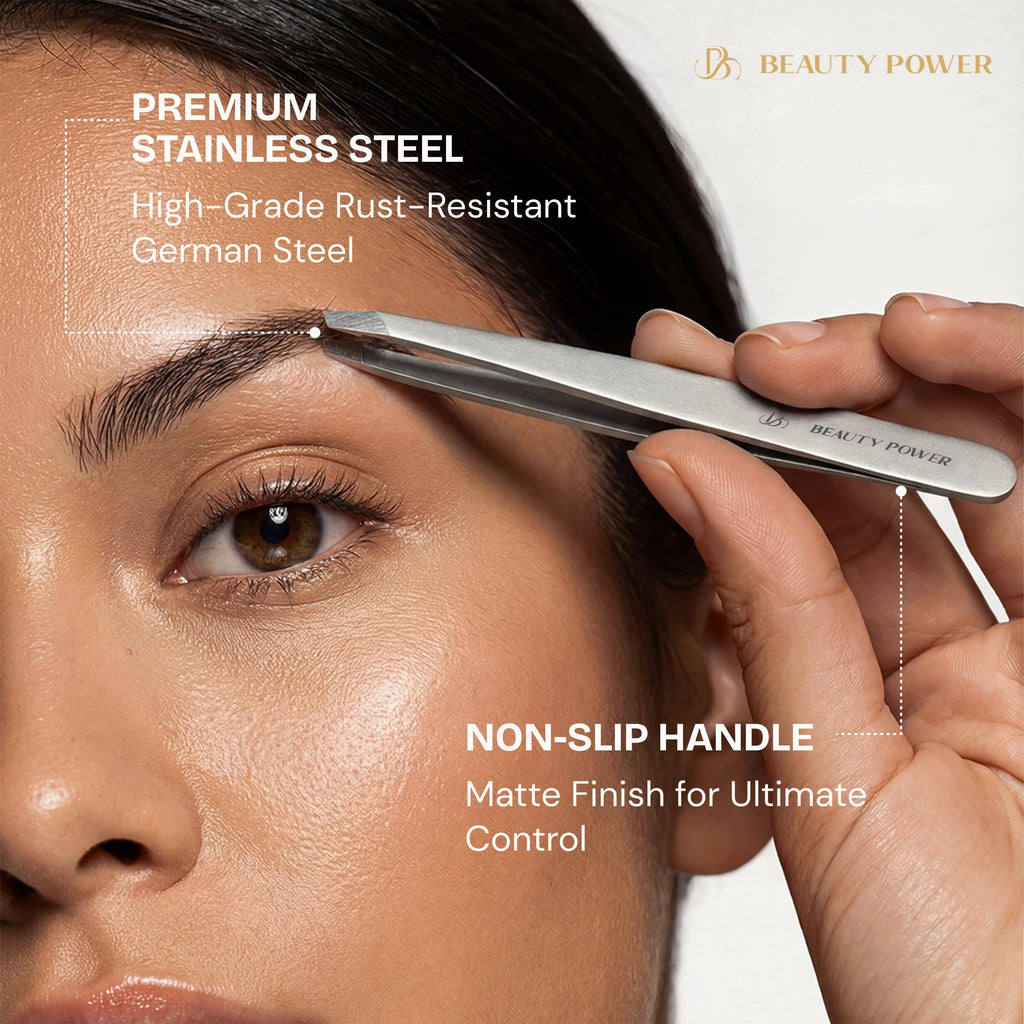 Beauty Power Professional Tweezers Set – Slant & Point, Ultra Precision German Stainless Steel Tweezers for Eyebrows, Chin, Ingrown Hair & Facial Grooming – Lightweight with Case - Gift Idea - Gray