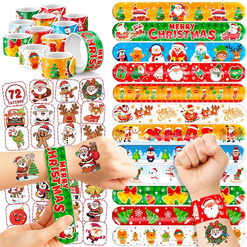 Cherisnowy Christmas Party Set (144PCS) | 72 Temporary Tattoos & 72 Slap Bracelets | Fantasy Merry Xmas Party Favors, Stocking Stuffers, Classroom Gifts & Holiday Decorations for Kids