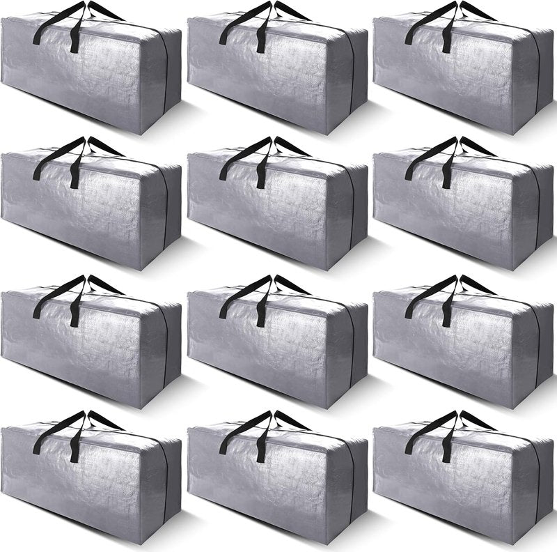Cosy Family Heavy Duty Moving Bags - 12 Pack with Backpack Straps & Strong Zippers | X-Large Silver Storage Totes