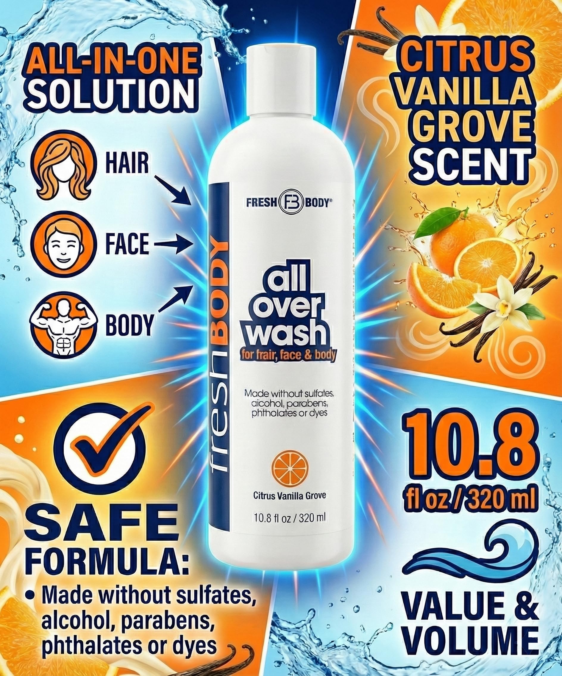 Fresh Body FB All Over Wash for Hair, Face & Body - Shampoo and Body Wash for Men & Women, Citrus Vanilla Grove Shower Gel, 10.8oz (2 Pack) Made without Alcohol, Sulfates, Dyes or Parabens