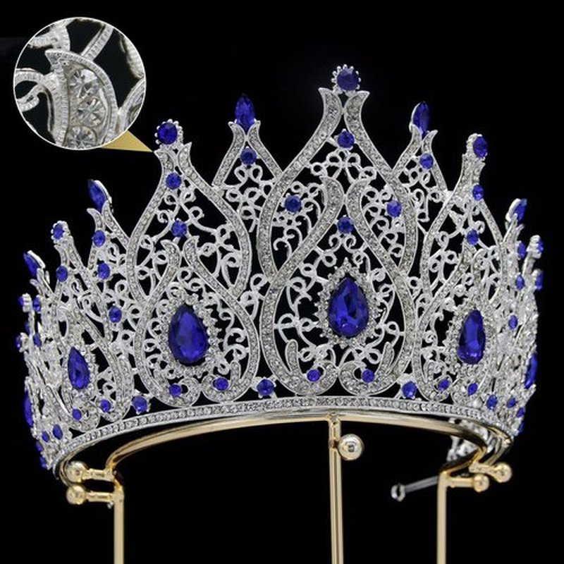 Royal Blue Baroque Crown for Women - Large Wedding Tiara for Bride, Birthday, Prom, Princess, Quince, Pageant, Bridal Headpiece