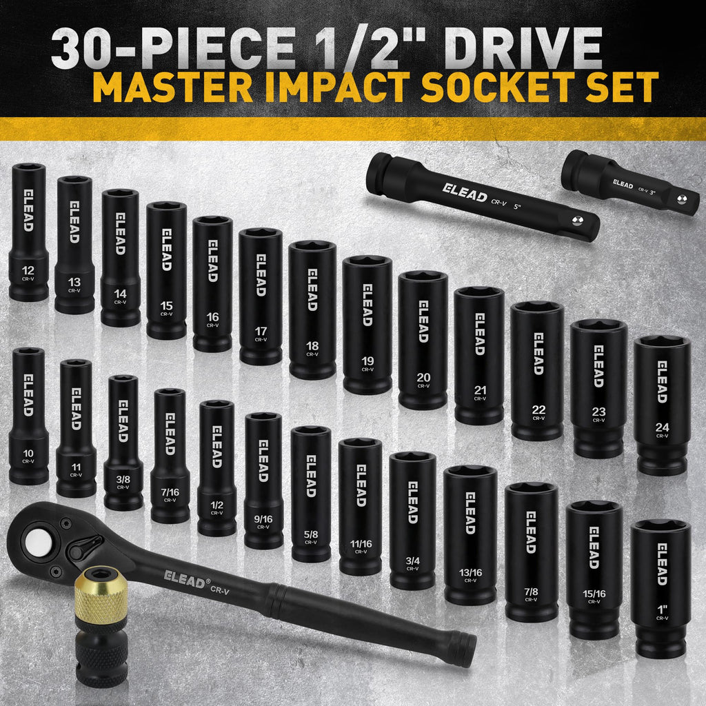ELEAD 1/2" Drive Deep Impact Socket Set: 30-Piece Standard SAE (3/8 to 1 Inch) and Metric (10-24mm) Size, 3" and 5" Drive Extension Bar, Ratchet Handle, Bit Adapter, CR-V Steel for Auto Repair