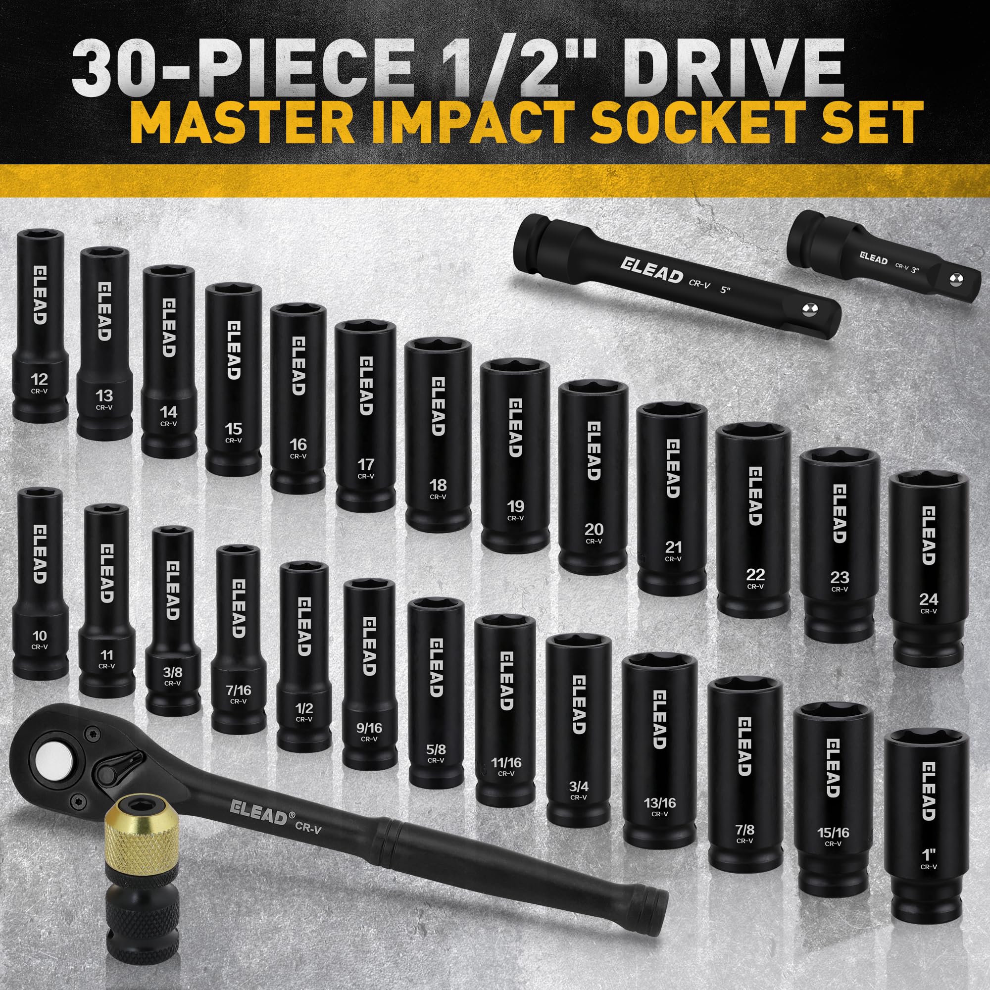 ELEAD 1/2" Drive Deep Impact Socket Set: 30-Piece Standard SAE (3/8 to 1 Inch) and Metric (10-24mm) Size, 3" and 5" Drive Extension Bar, Ratchet Handle, Bit Adapter, CR-V Steel for Auto Repair
