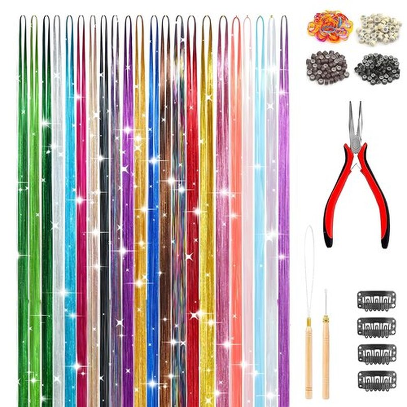 GTTUKK 6600+ Strands Hair Tinsel Kit with Tools, 22 Colors 48 Inch Fairy Hair Extensions with Silicone Beads, Plier & Hook for Women Party(With 1 plier)