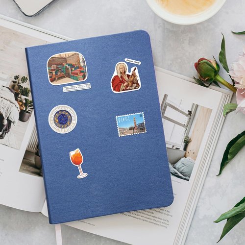 Navy Peony Velvety Venice Travel Stickers - Hand-Painted Gouache, Matte, Die-Cut - for Journals, Scrapbooks (28 Pcs)