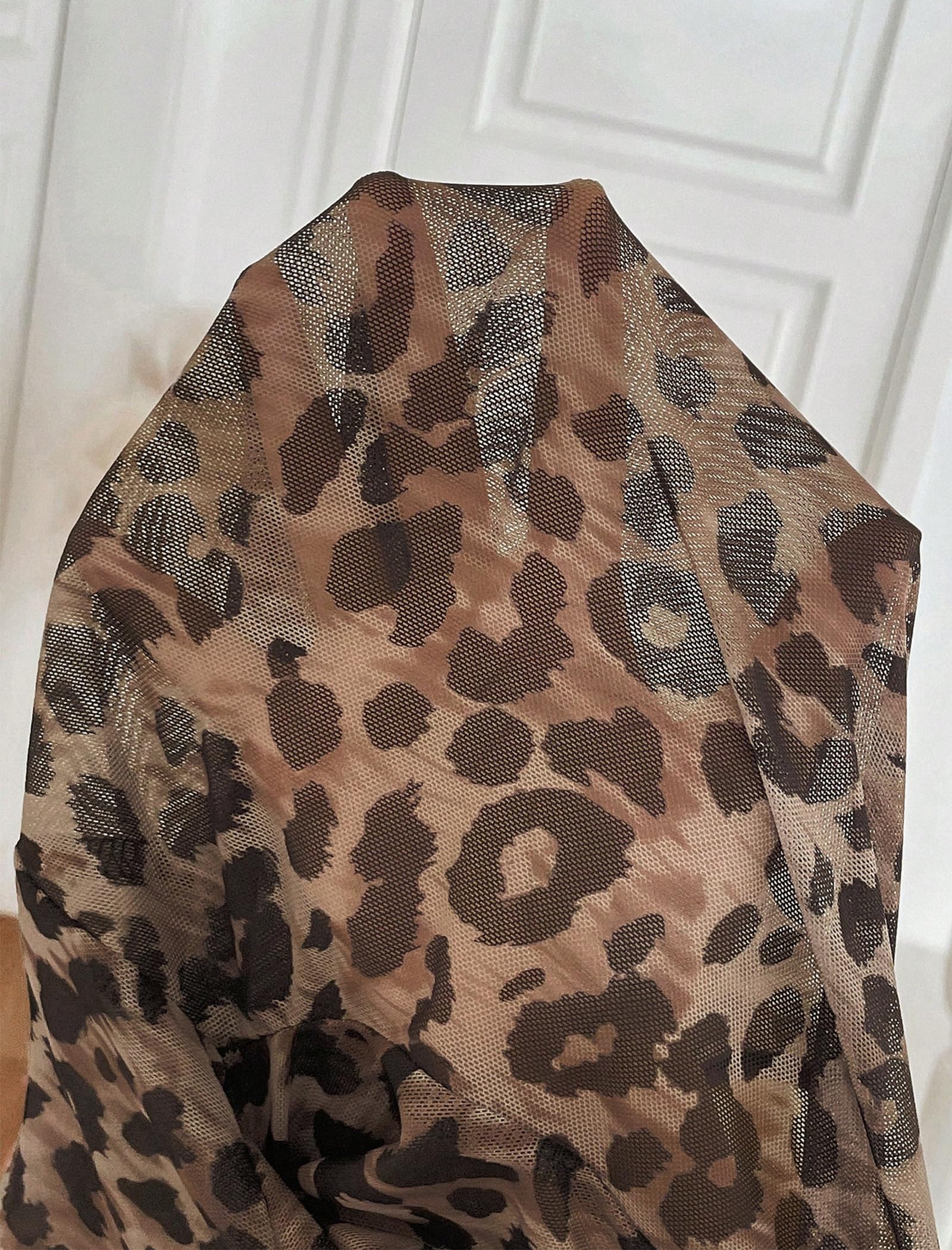 Leopard Print Tops for Women Chocolate Brown Fall Clothes Fashion 2026 Mesh Long Sleeve Tops Sexy Top Lace Sheer Undershirt Slim Fitted Crewneck Shirts See Through Blouses Clubwear M