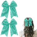 JOYOYO Aqua Glitter Cheerleader Bow Clips, 7.5 Inch Large Hair Bow, Ponytail Holder Hair Accessories for Girls, Women Teens for Cheerleading, Dance, Party