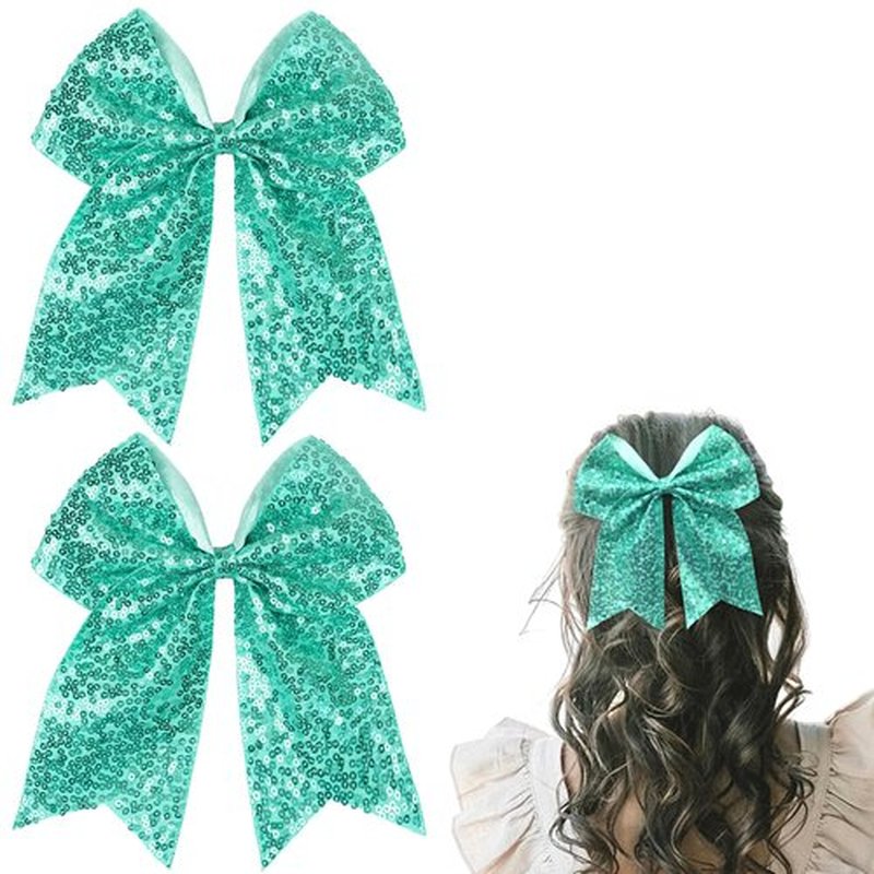 JOYOYO Aqua Glitter Cheerleader Bow Clips, 7.5 Inch Large Hair Bow, Ponytail Holder Hair Accessories for Girls, Women Teens for Cheerleading, Dance, Party