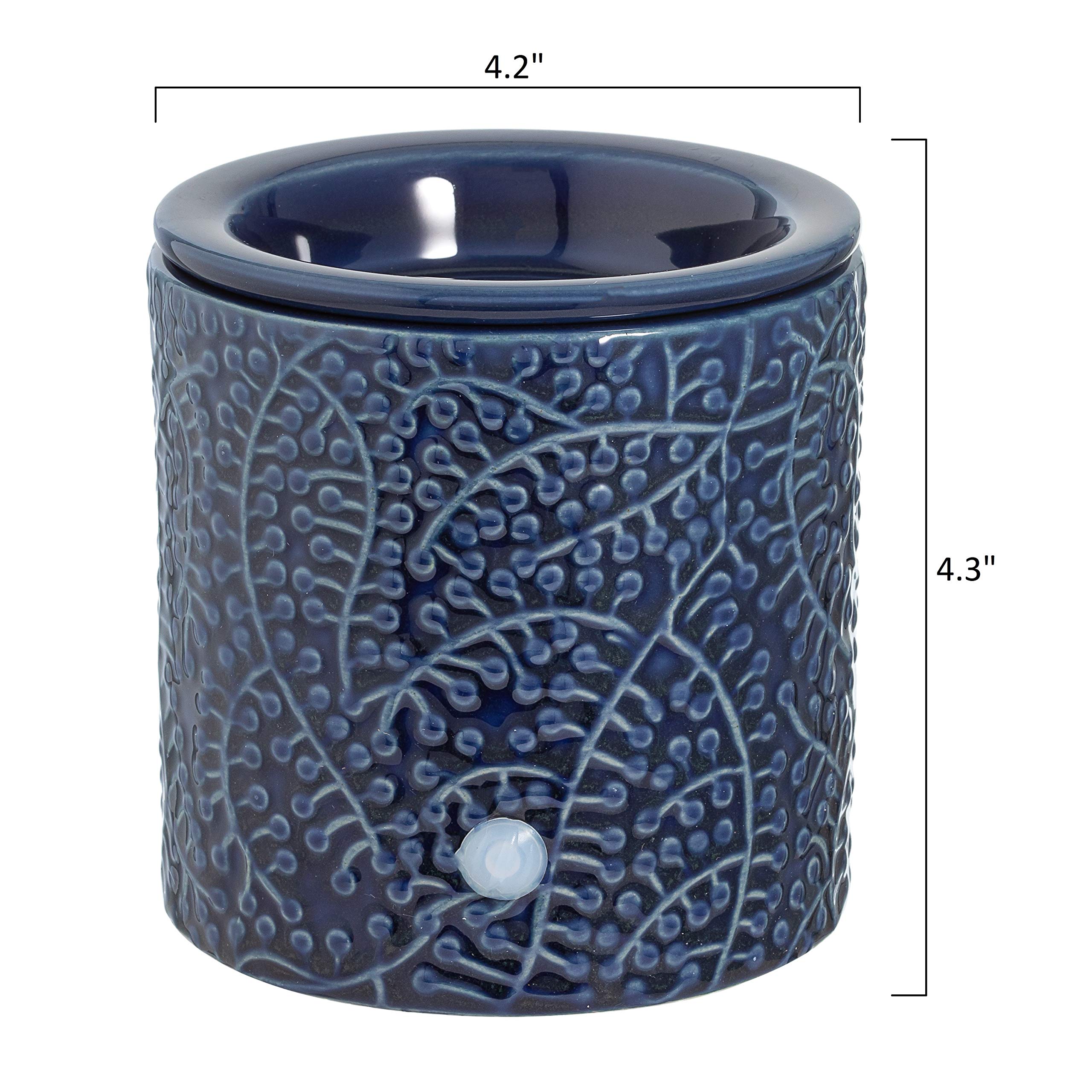 JULIE ANN HOME Blue Leaf Ceramic Candle Warmer Electric with Safety Timer | Automatic Plug in Fragrance Warmer for Scented Wax Melts, Cubes, Tarts | Air Freshener Set for Home decor, Office,&Gifts