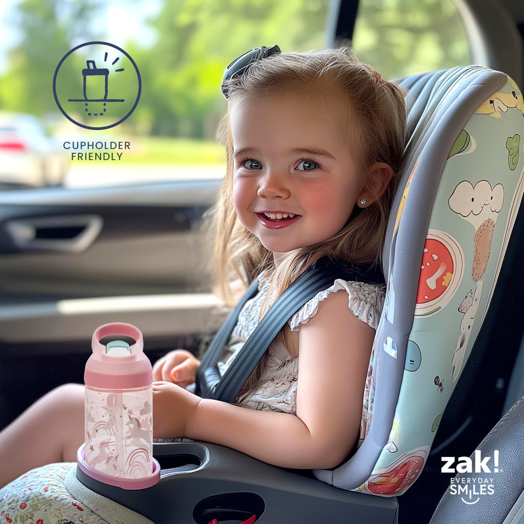 Zak Designs Atlantic Kids Water Bottle For School or Travel, 16oz Durable Plastic Water Bottle With Straw, Handle, and Leak-Proof, Pop-Up Spout Cover, 2-Pack (Zaksaurus and Safari)
