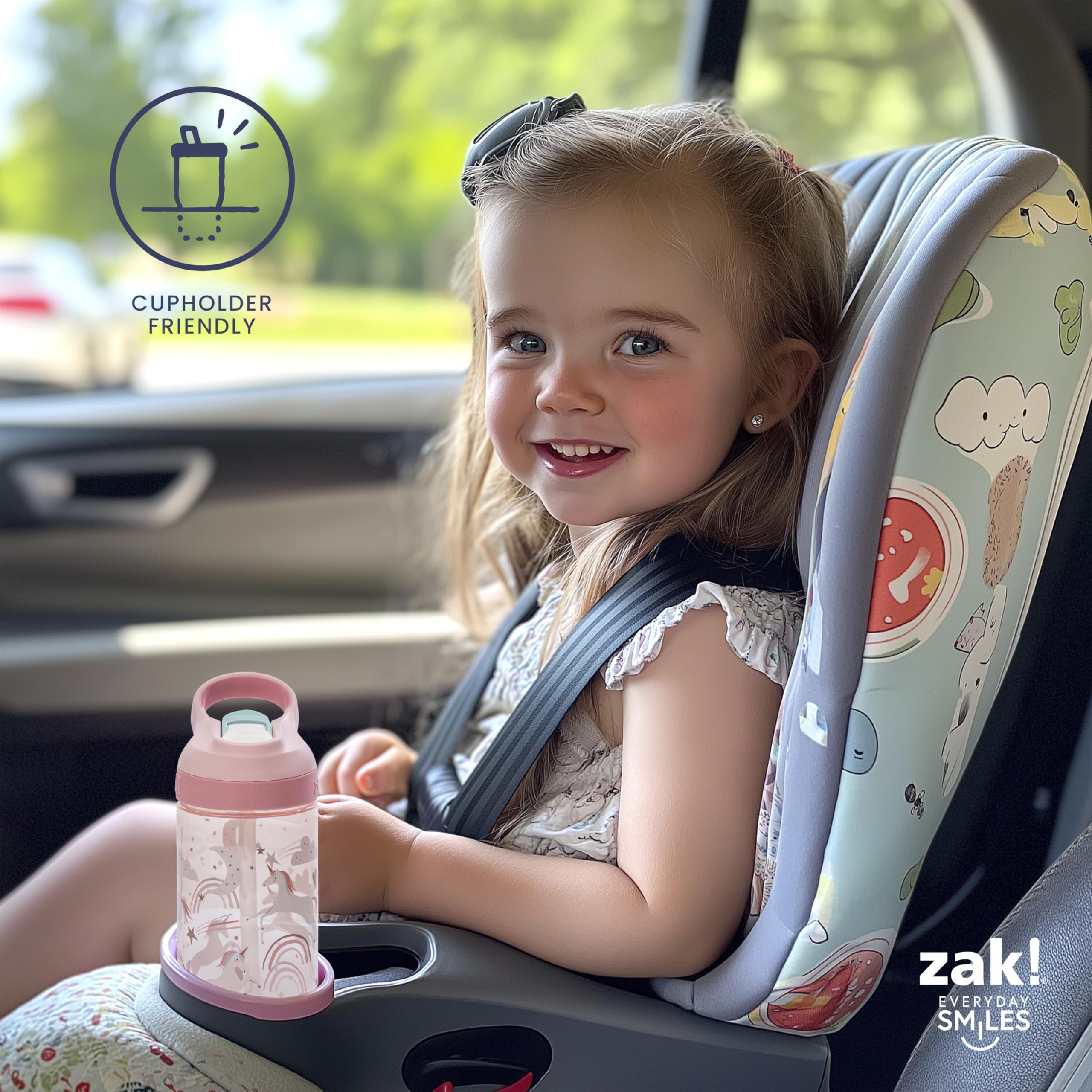 Zak Designs Atlantic Kids Water Bottle For School or Travel, 16oz Durable Plastic Water Bottle With Straw, Handle, and Leak-Proof, Pop-Up Spout Cover, 2-Pack (Zaksaurus and Safari)