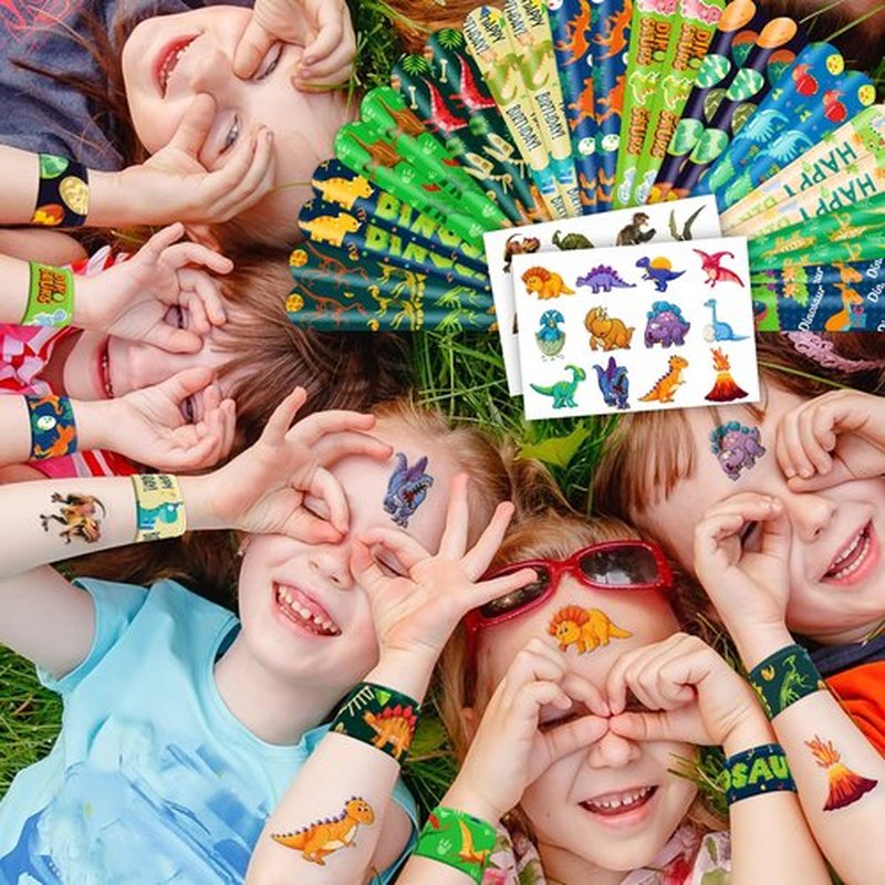 Cherisnowy 48 PCS Dinosaur Party Favors 24PCS Tattoos 24PCS Slap Bracelets Wristbands Perfect for Dino Themed Birthday Baby Showers or Classroom Rewards Ideal Decor and Gifts for Girls and Boys