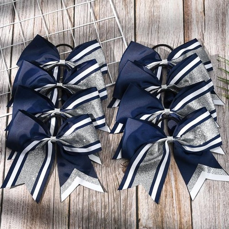8 PCS Large Glitter Cheer Bows 8" Hair Bows Sparkly Cheerleading Softball Team Bow Hair Ponytail Holder Accessories for cheerleaders football Competition Sports- Silver Navy Blue White