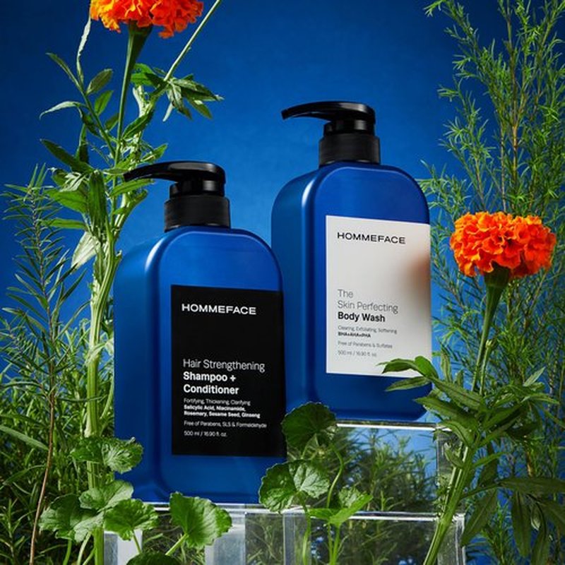HOMMEFACE Men’s Triple Action Shower Kit - 2 Piece Set with 2-in-1 Hair Strengthening Shampoo + Conditioner & Body Wash with Pump - Korean Skincare Technology for Body Acne and Scalp Health