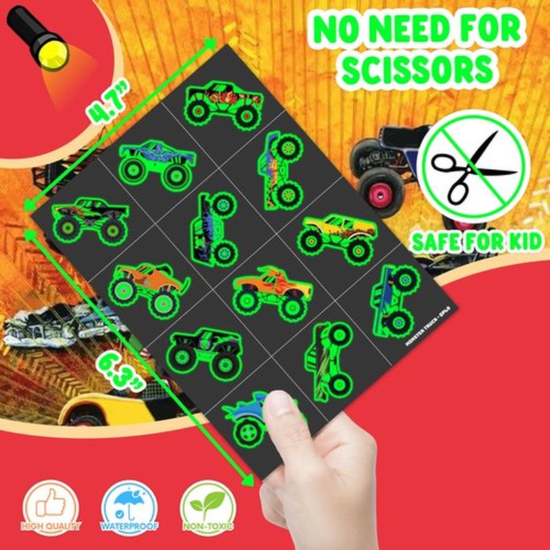 96 PCS Monster Truck Race Car Pre-Cut Luminous Glow in the dark Temporary Tattoos for Kids | Super Cute Themed Birthday Party Favors Supplies Decorations, Fake Tattoos Rewards & Gifts for Boys Girls