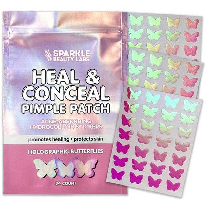 Sparkle Beauty Labs Heal & Conceal Pimple Patch - Cute Holographic Butterfly Shaped Acne Patches, Fun Hydrocolloid Zit Stickers for Face (Iridescent Pink Butterflies, 84 Count)