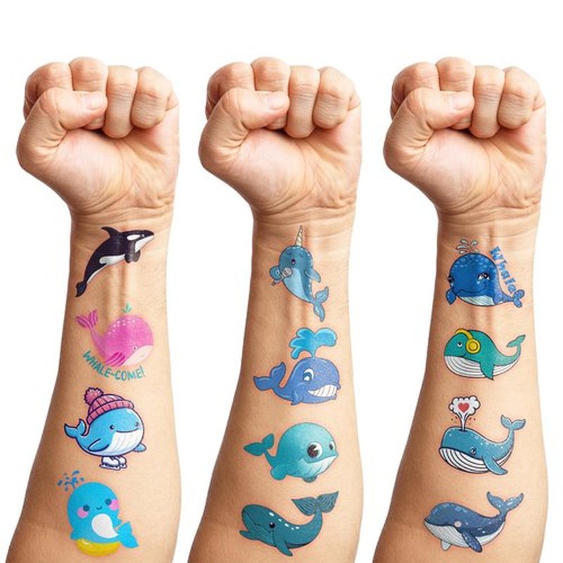 96PCS Whale Temporary Tattoos Themed Blue Ocean Cute Orca Narwhal Sea Animals Birthday Party Favors Decorations Supplies Tattoo Stickers Gifts For Boys Girls Kids School Prizes Carnival Christmas
