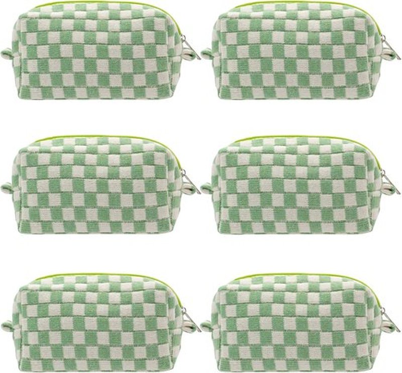 PAZIMIIK Checkered Makeup Bag - Portable Zipper Cosmetic Pouch for Travel | 6PCS Light Green