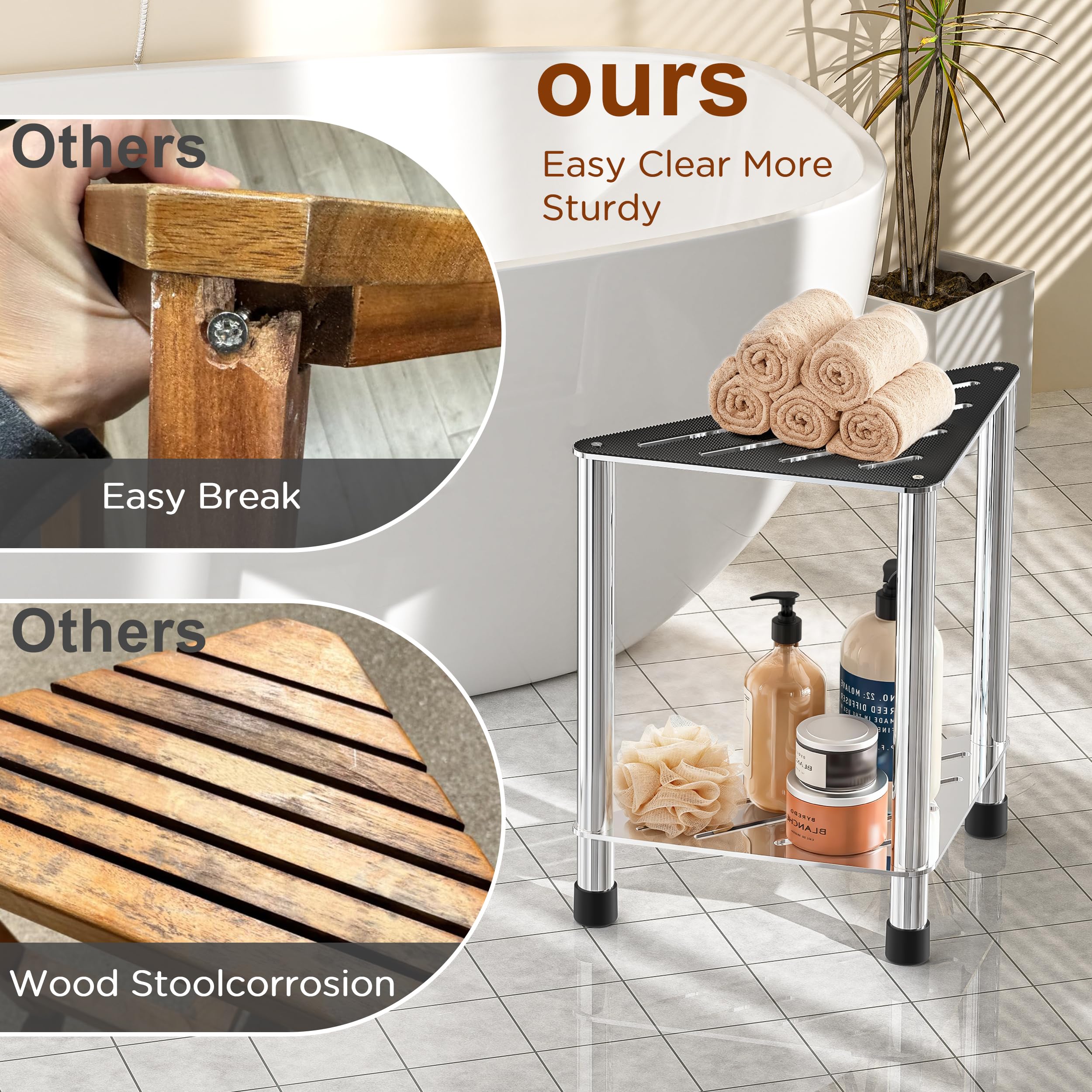 LarFaFa Upgrade Stainless Steel Shower Stool for Inside Shower, 15.4'' H Shower Foot Rest, Corner Shower Stool with Storage Shelf, Shower Step for Shaving Legs, Bathroom Corner Shower Bench, Silver
