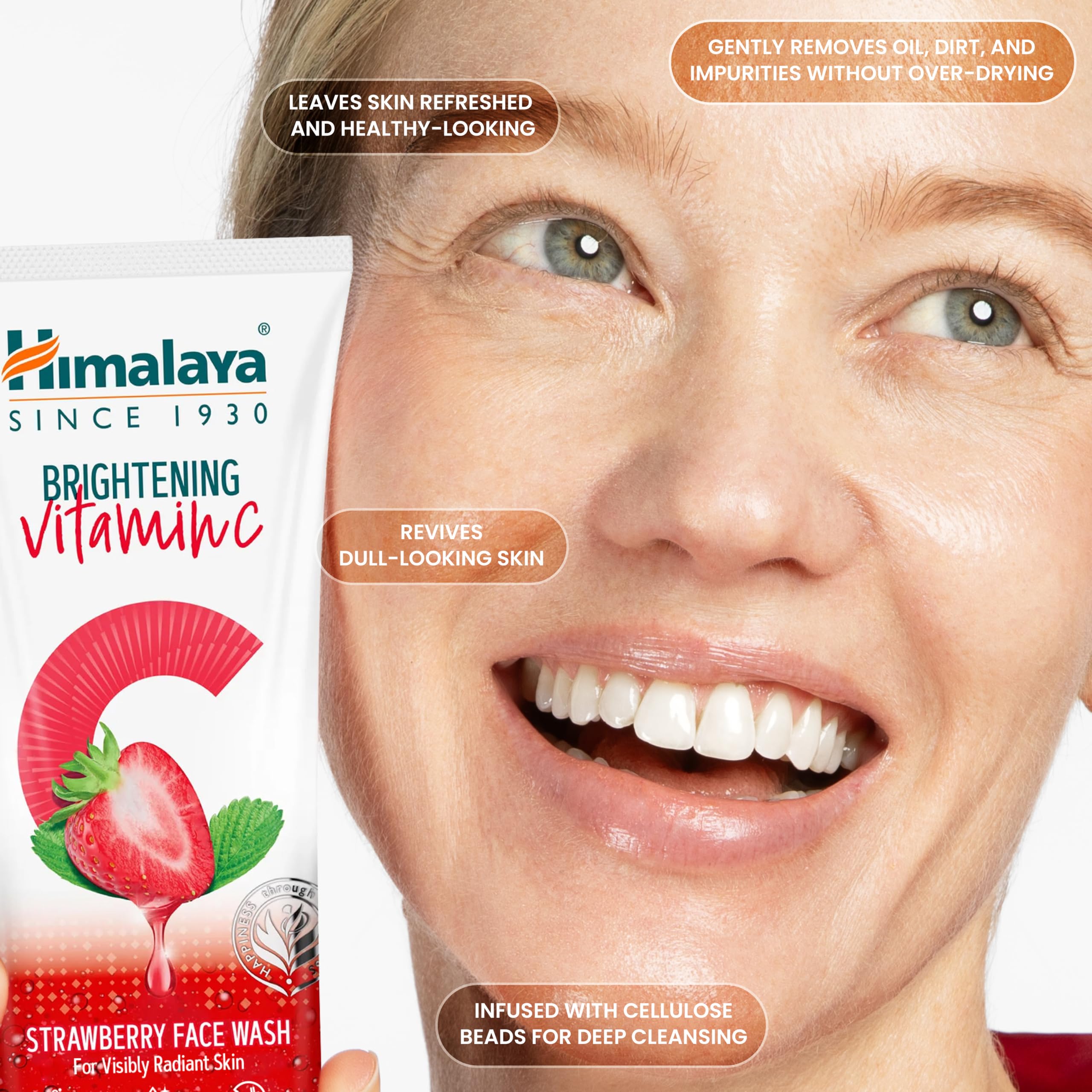 Himalaya Brightening Vitamin C Strawberry Face Wash, with Cellulose Beads & Amla Fruit Extract for Visibly Radiant Skin, Gentle Cleansing Formula, 3.38 fl oz (100 mL)