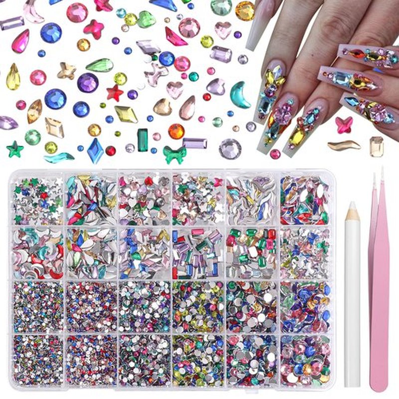 24 Grids Color Resin Rhinestones for Crafting, Color Nail Art Rhinestones, Multi Shapes Sizes Bedazzling Gems Rhinestones for DIY Crafts Clothing Tumblers Shoes Fabric Nail Art