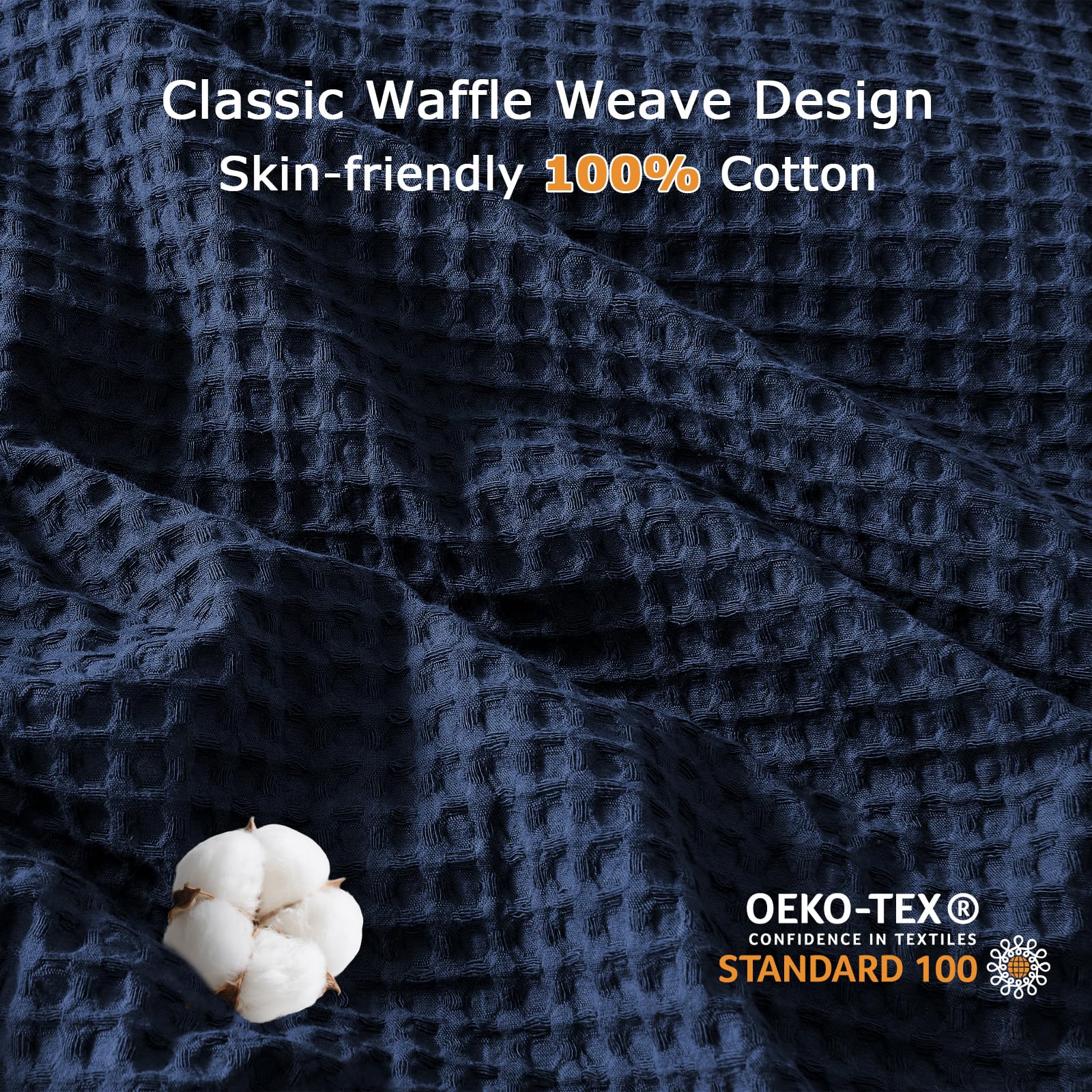 Easthome Waffle Weave Cotton Duvet Cover King Size - 100% Cotton Duvet Cover Set for All Season, Textured PureWoven Breathable Bedding Sets 3 Pcs with 2 Pillow Shams, Zipper, 4 Conner Ties,Navy Blue