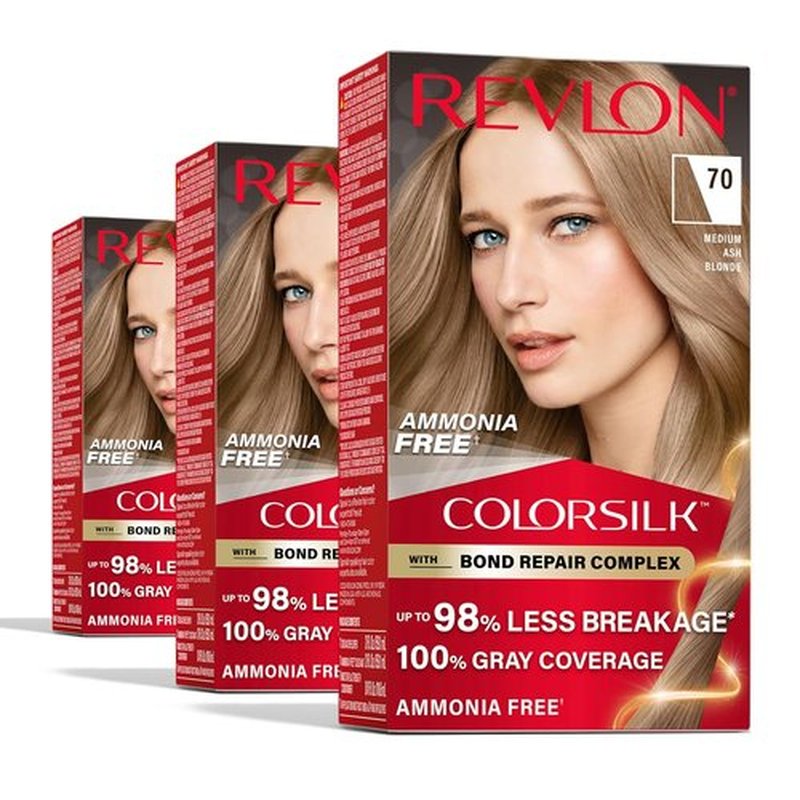 Revlon ColorSilk Blonde Permanent Hair Color - 100% Gray Coverage, Ammonia-Free, Vegan Keratin | 70 Medium Ash Blonde (Pack of 3)