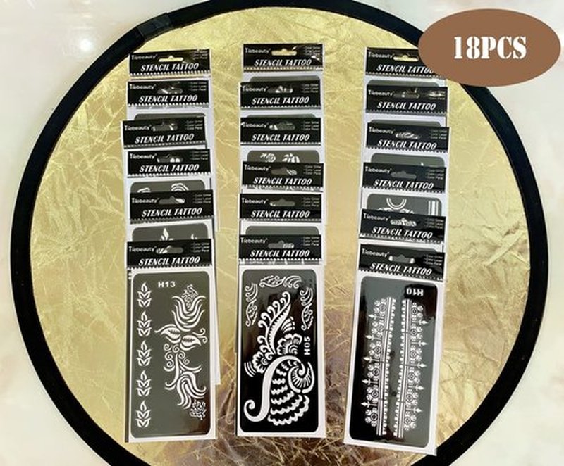 PADOUN 18-Sheet Henna Tattoo Stencils for Hands - Glitter Temporary Tattoo Templates, Indian Henna Tattoo Sticker Kit for Body, Arm, and Hand Painting