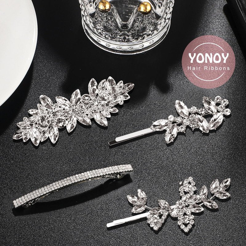 YONOY 4Pcs Rhinestone Hair Barrettes for Women Leaf Wedding Hair Pins Crystal Bobby Pins Silver Bridal Hairpin Clips for Brides Bridesmaids Flower Girls