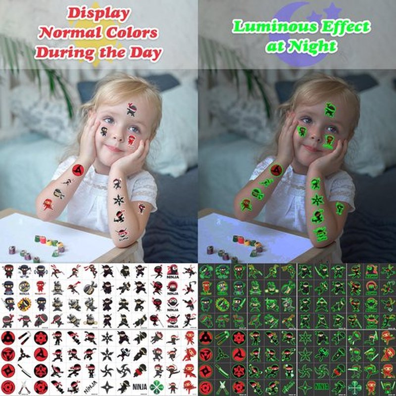 96 PCS Ninja Pre-Cut Luminous Temporary Tattoos for Kids Birthday Themed Party Supplies Decorations Favors 8 Sheets Decor Super Cute Cartoon Stickers Tattoo School Rewards & Gifts for Boys Girls