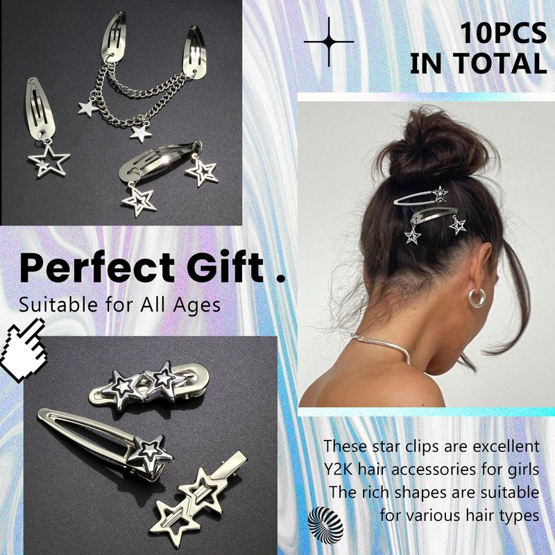 YAEISM 10PCS Star Hair Clips Y2K Silver Hair Clips Metal Star Barrettes 8 Shapes Pentagram Hair Snap Clips Punk Kawaii 2000s Hair Accessories for Women