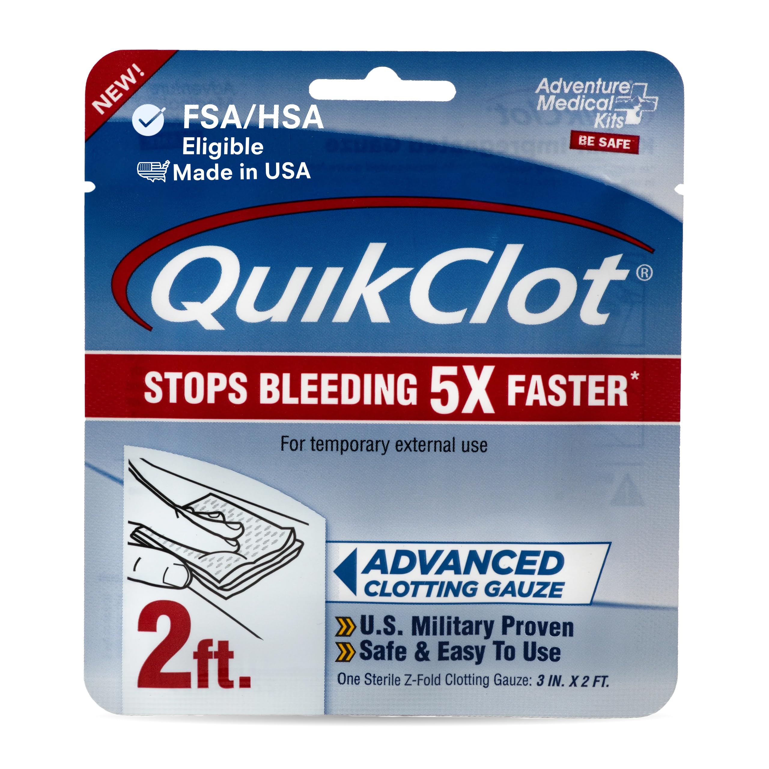 Adventure Medical Kits QuikClot Advanced Clotting Gauze - Stops Bleeding Up to 5X Faster Than Standard Gauze - Kaolin Hemostatic Dressing - for First Aid Kits & Survival Gear - 3 x 24