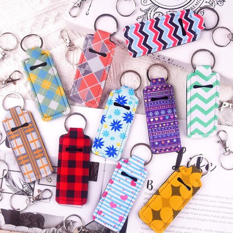 Duufin 20 Pieces Chapstick Holder Keychain Lip Balm Holder Neoprene Lipstick Keychain Holder with 20 Pieces Metal Clip Cords for Chapstick Tracker and Safeguard