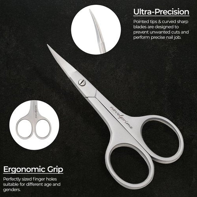 Novel Prime| Stainless Steel Cuticle Scissor with Extra Fine Curved Blade| Nail Scissors for Precise Pointed Tips| Manicure Scissors for Grooming and Eyebrows with Premium Leather Pouch (1 Count)