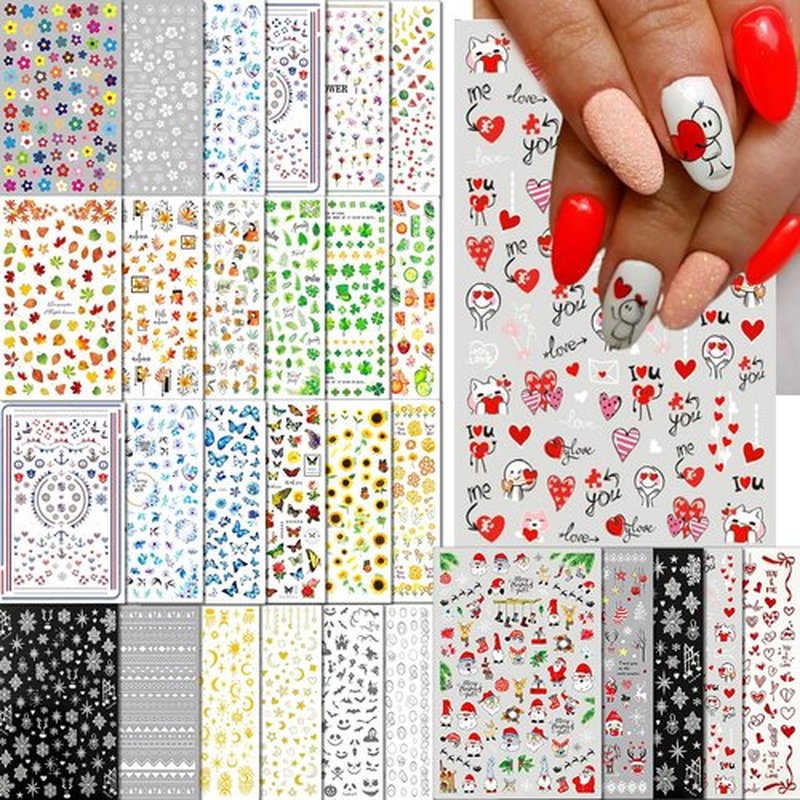 IDDFEVE 30 Sheets All Holiday Nail Art Stickers, Variety Pack Seasonal Nail Decals, Self-Adhesive Colorful Design for Daisy Flowers Butterflies Star Halloween Christmas