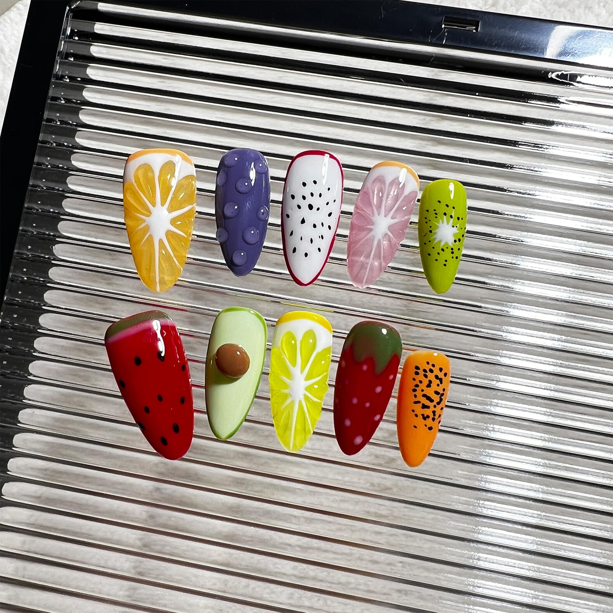 Wsliana Handmade Press On Nails - Medium Almond False Nail Tips, 3D Fruit Design, 10pcs Reusable Glue On Acrylic Fake Nails, Long-Lasting, Easy Fit | Fashionable Nail Kit | Natural Look (076, M)