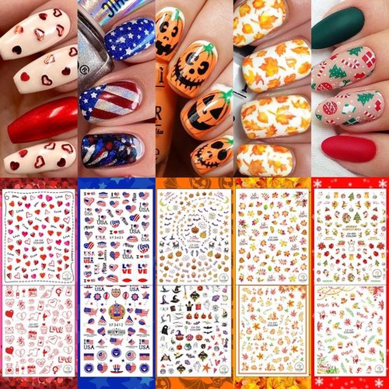 30 Sheets All Holiday Nail Stickers, Thanksgiving Independence Christmas Valentine's HalloweenDay Nail Art Decals Mixed All Season Set, Self-Adhesive Design Year-Round Manicure Decorations Supplies