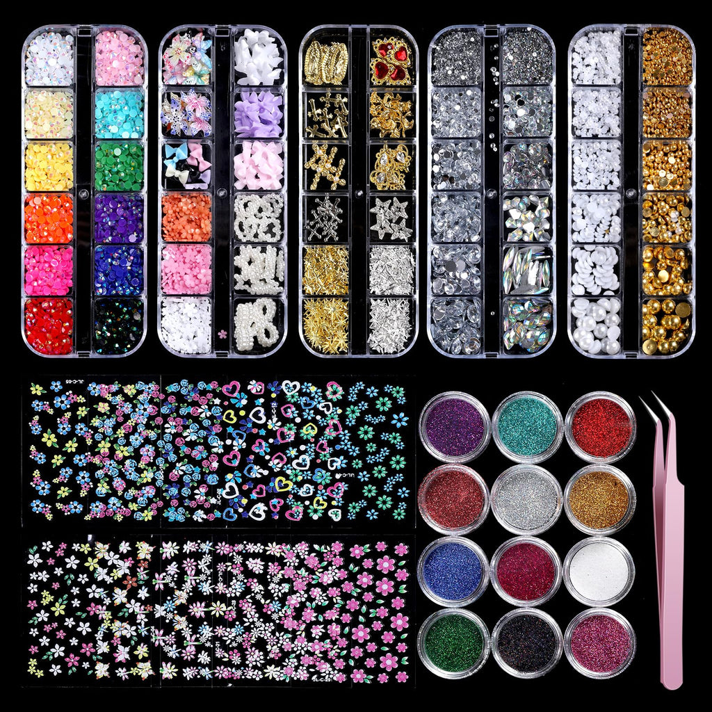 YGQQOY Nail Charms,Nail Gems, Flower Bow Butterfly Nail Charms and Gems,Nail Art Studs and Rhinestones,Nail Decorations Kit with Gold Beads,White Pearls for Nails,Nail Glitters and Stickers