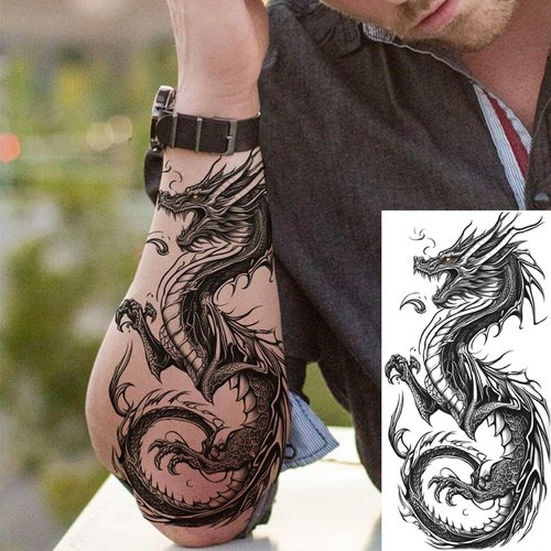 TASROI 8 Sheets Cool Dragon Temporary Tattoos For Men Women Adults, Black Realistic Dragon Tattoo Sticker Half Arm Sleeve, Waterproof Tribal Totem Fake Tattoos That Look Real and Long Lasting Set Kit