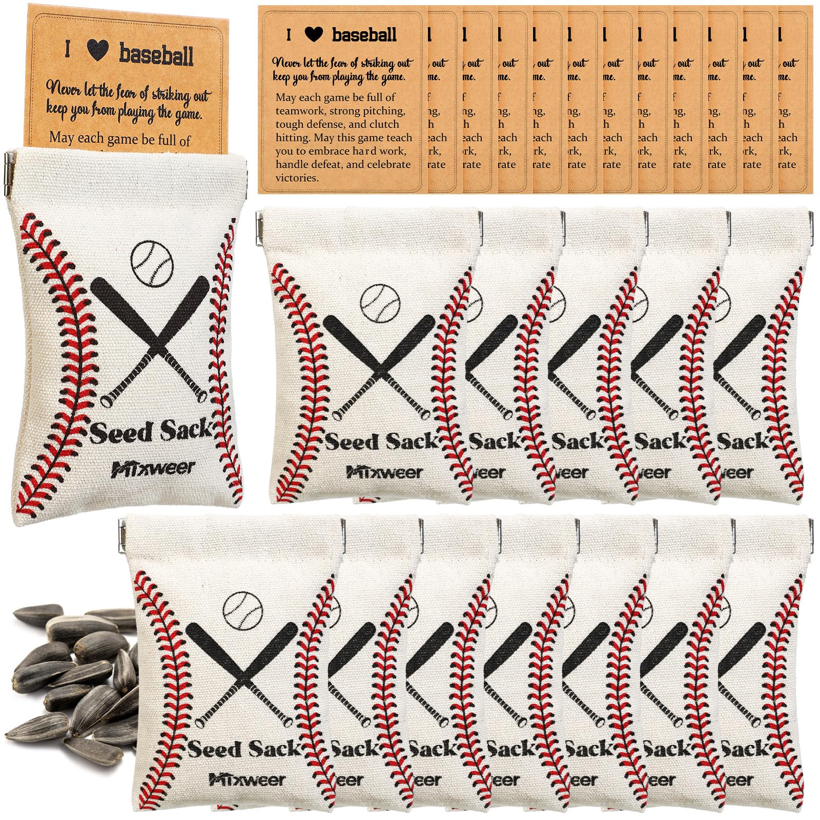 Mixweer 12 Sets Seed Pouch Bags with Message Gift Card Baseball Snack Bags Softball Seed Pouch for Players Team Gift for Field Team Party Favors(Beige,Baseball)